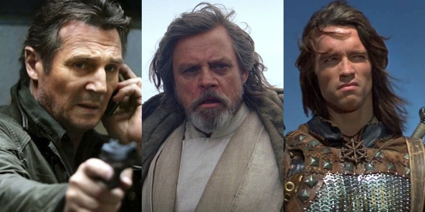 Split image of Bryan in Taken, Luke in Star Wars The Force Awakens, and Conan in Conan the Barbarian