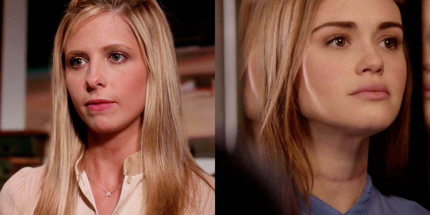 Split image of Buffy Summers from Buffy The Vampire Slayer giving the potentials a speech and Lydia Martin from Teen Wolf with a bruise on her neck.