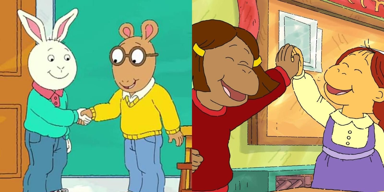 Split image of Buster Baxter and Arthur Read shaking hands and Francine Frensky and Muffy Crosswire high fiving in Arthur