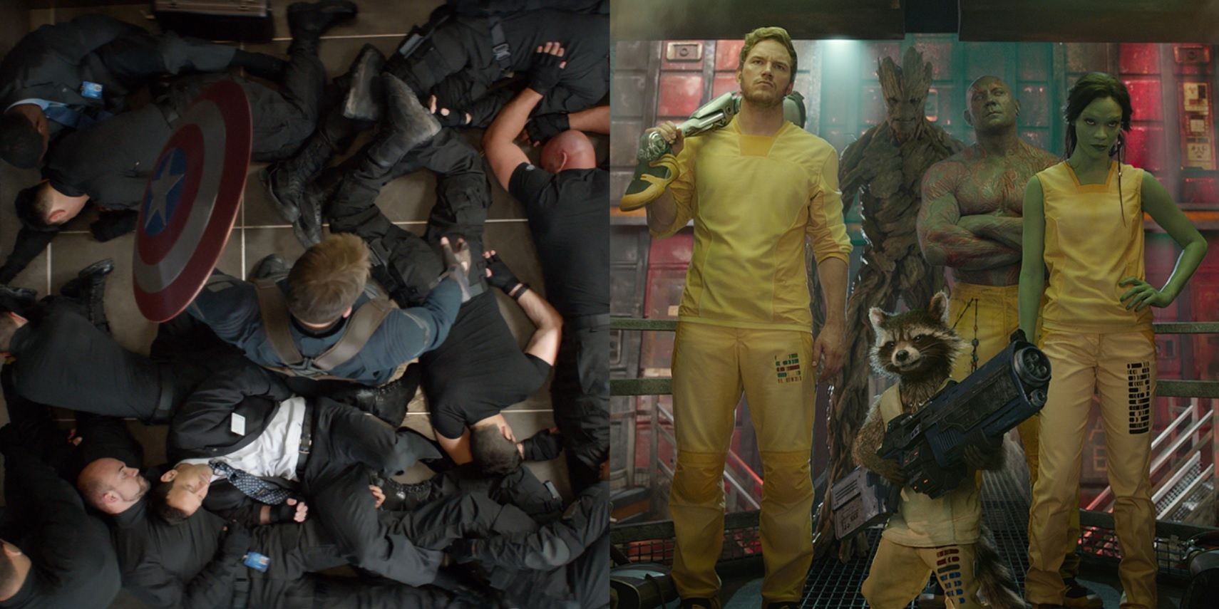 Split image of Captain America in an elevator and the Guardians of the Galaxy in the Kyln