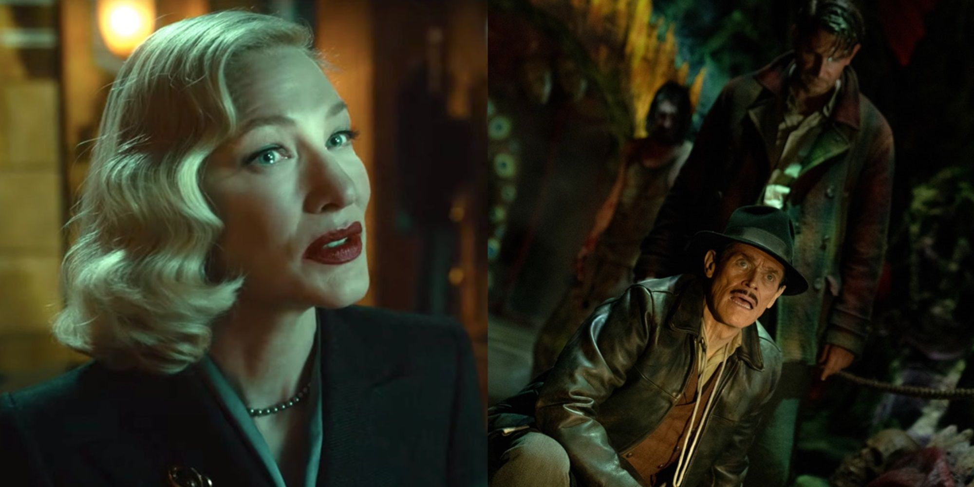Split image of Cate Blanchett in an office and Willem Dafoe and Bradley Cooper in a carnival in Nightmare Alley