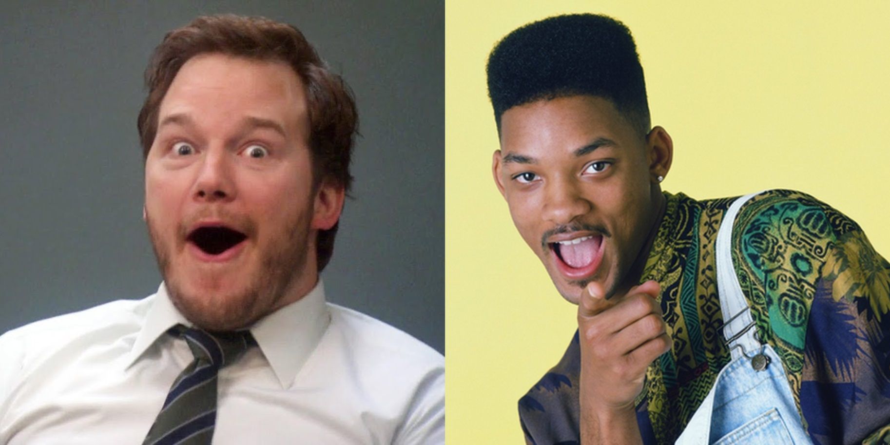 Split image of Chris Pratt in Parks and Rec and Will Smith in The Fresh Prince of Bel-Air