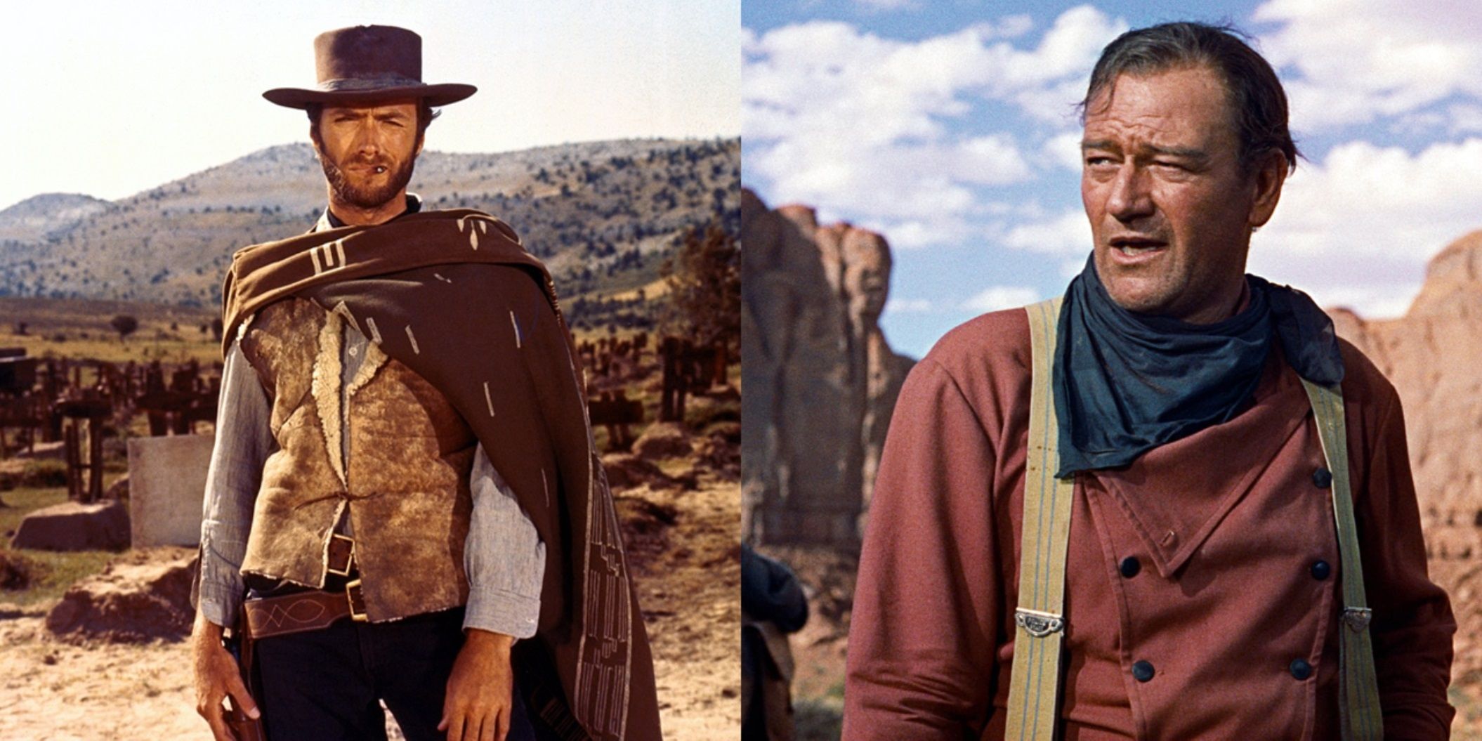 Split image of Clint Eastwood in The Good, the Bad, and the Ugly and John Wayne in The Searchers