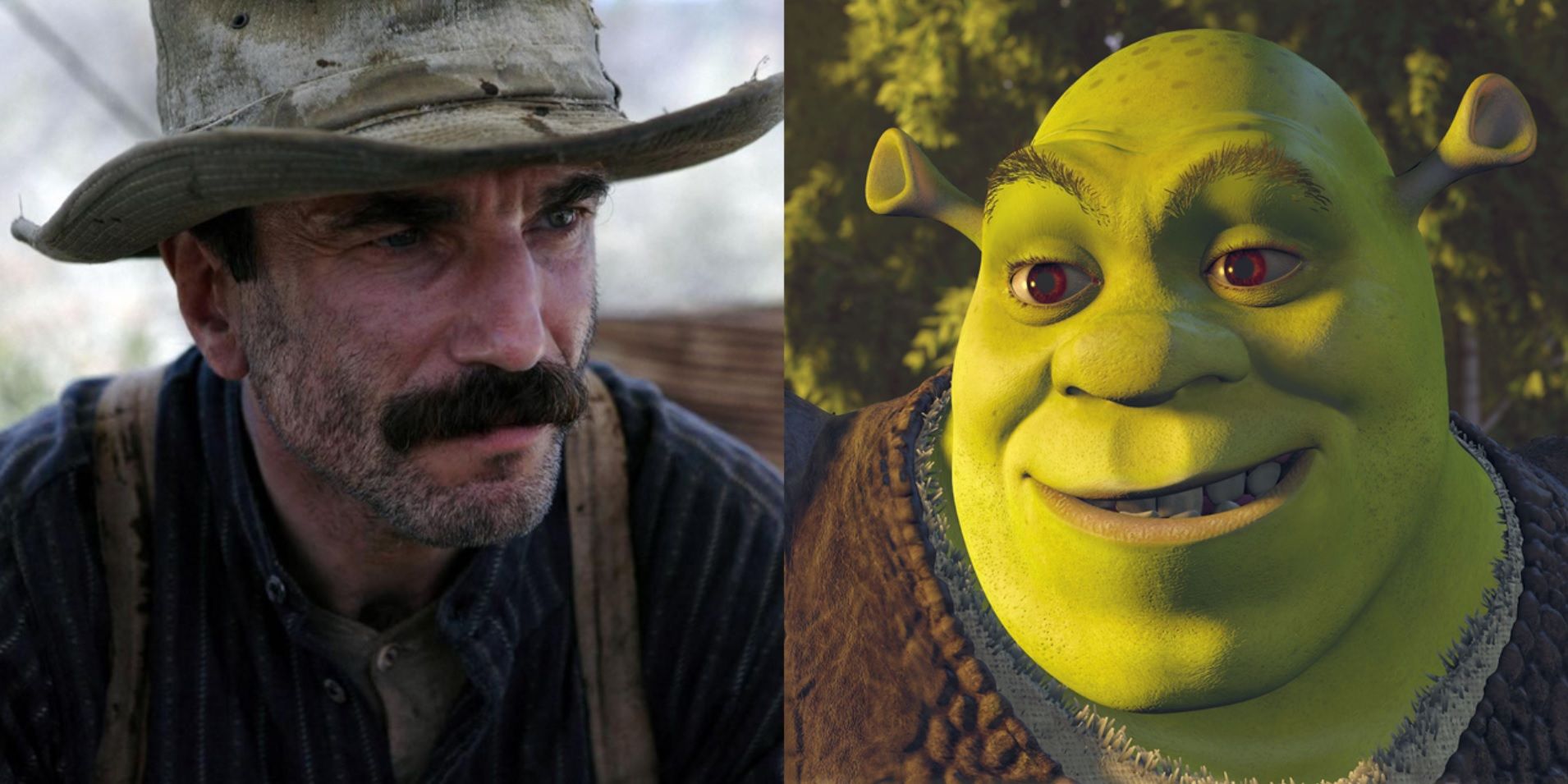 Split image of Daniel Plainview in There Will Be Blood and Shrek in Shrek