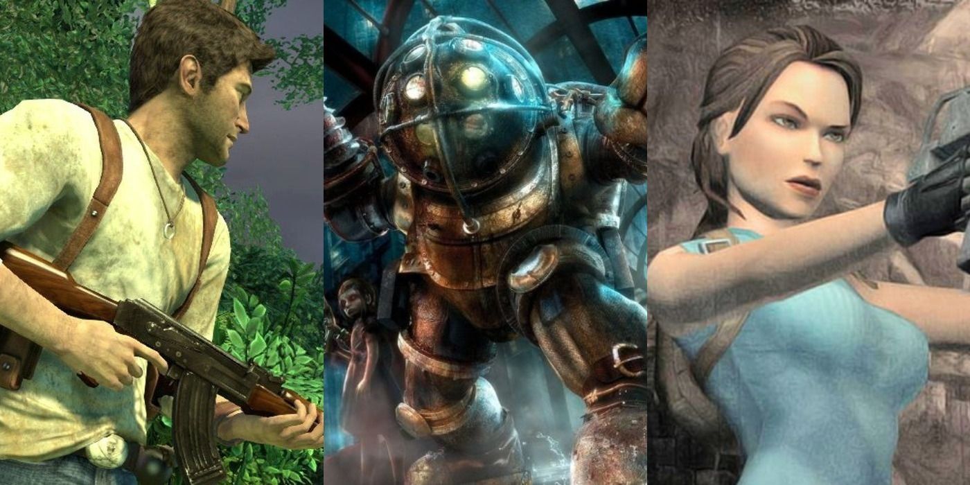 Split image of Drake in Uncharted Drake's Fortune, Big Daddy in Bioshock, and Lara Croft in Tomb Raider Anniversary