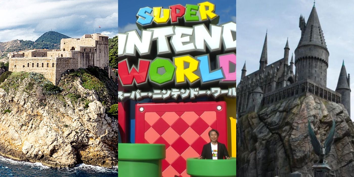 Split image of Dubrovnik, Super Nintendo World and Hogwarts pop culture feature