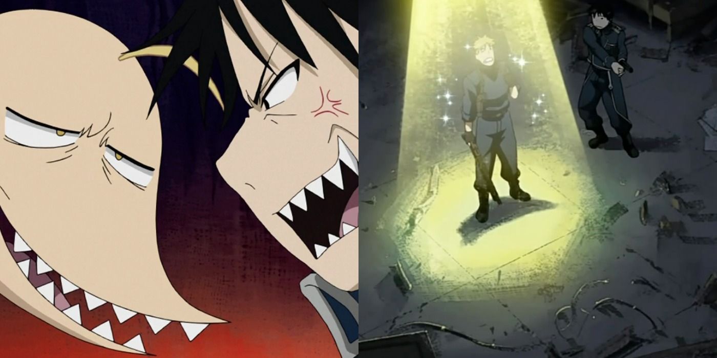 Split image of Edward Elric, Roy Mustang, and Jean Havoc in Fullmetal Alchemist