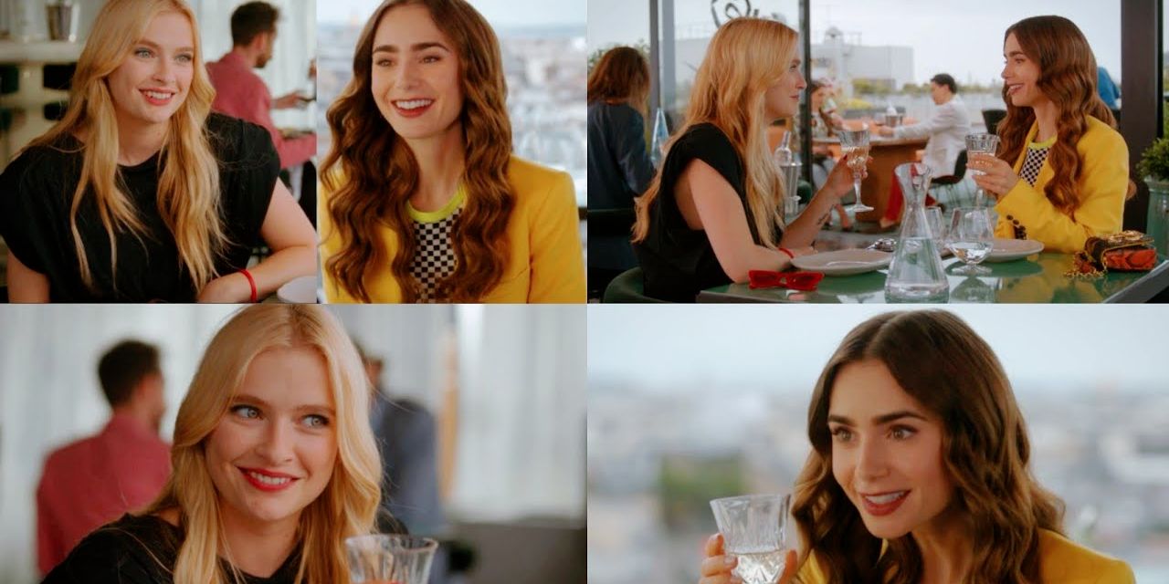 Split image of Emily and Camille having lunch in Emily in Paris