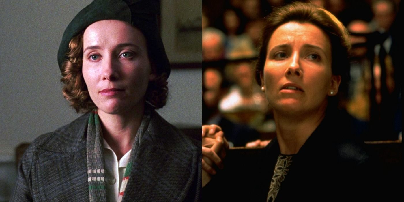 Split image of Emma Thompson in The Remains of the Day and In the Name of the Father