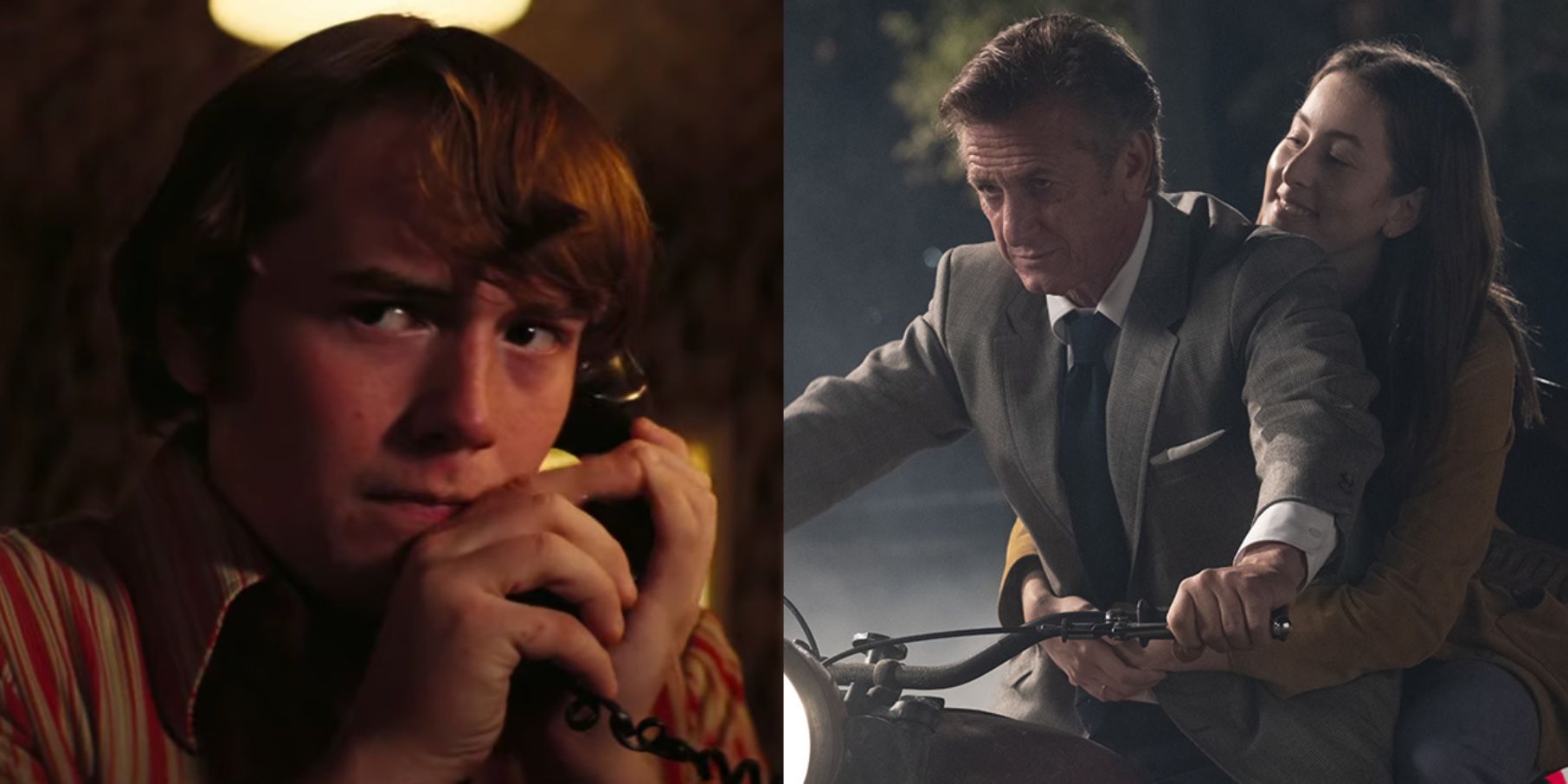 Split image of Gary on the phone and Jack and Alana on a motorcycle in Licorice Pizza