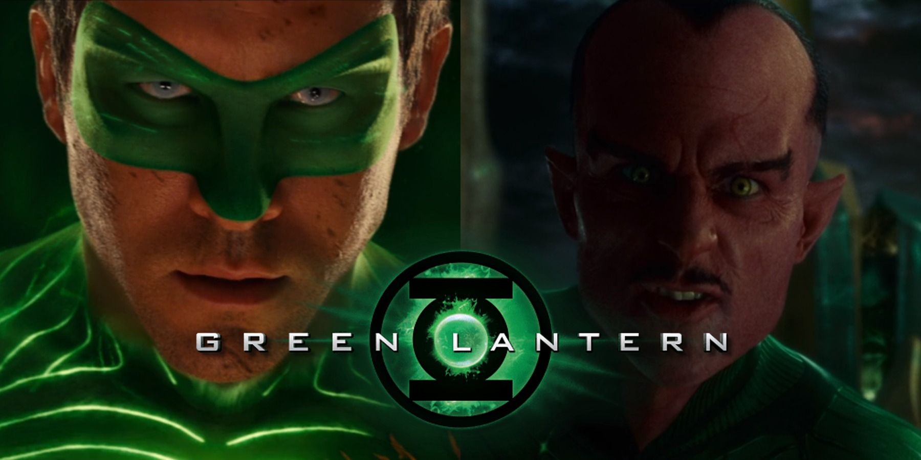 Split image of Hal Jordan facing Parallax and Sinestro training Hal Jordan in Green Lantern 2011