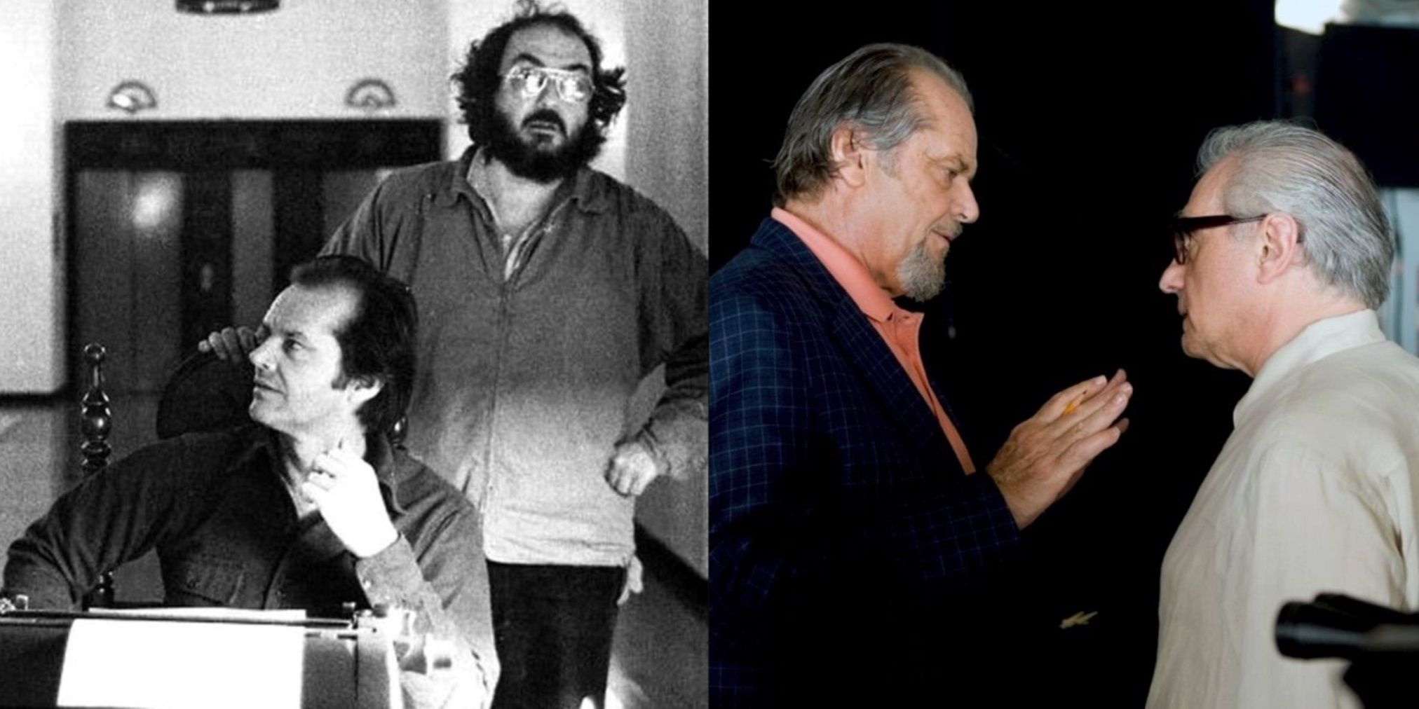 Split image of Jack Nicholson shooting The Shining with Stanley Kubrick and The Departed with Martin Scorsese