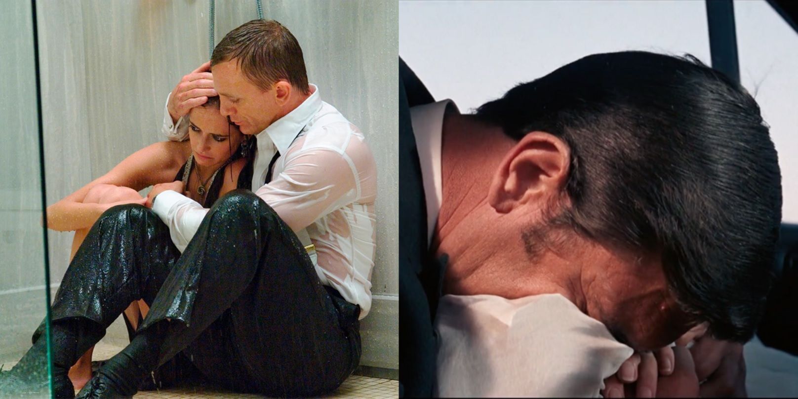 Split image of James Bond with Vesper in Casino Royale and breaking down in On Her Majesty's Secret Service