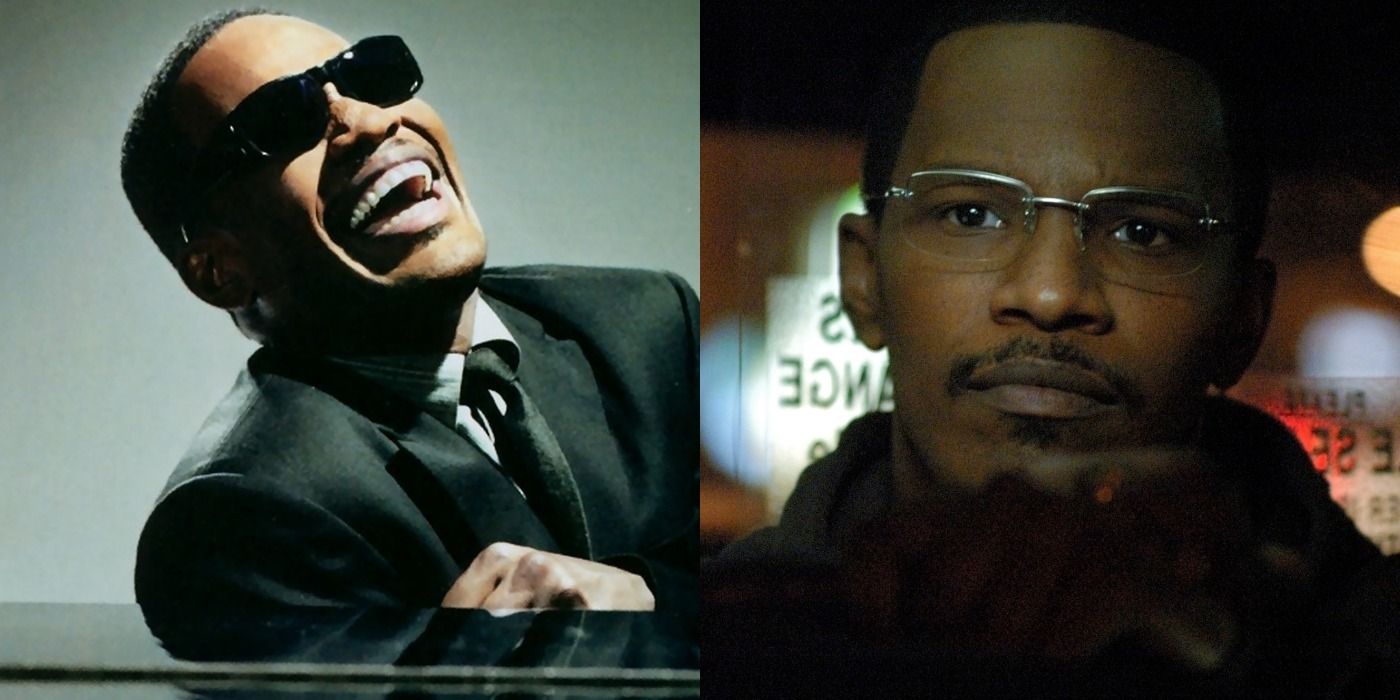 Split image of Jamie Foxx in Ray and Collateral