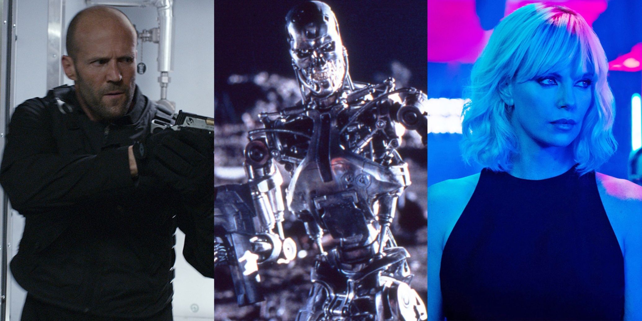 Split image of Jason Statham in Hobbs and Shaw, a Terminator in T2, and Charlize Theron in Atomic Blonde