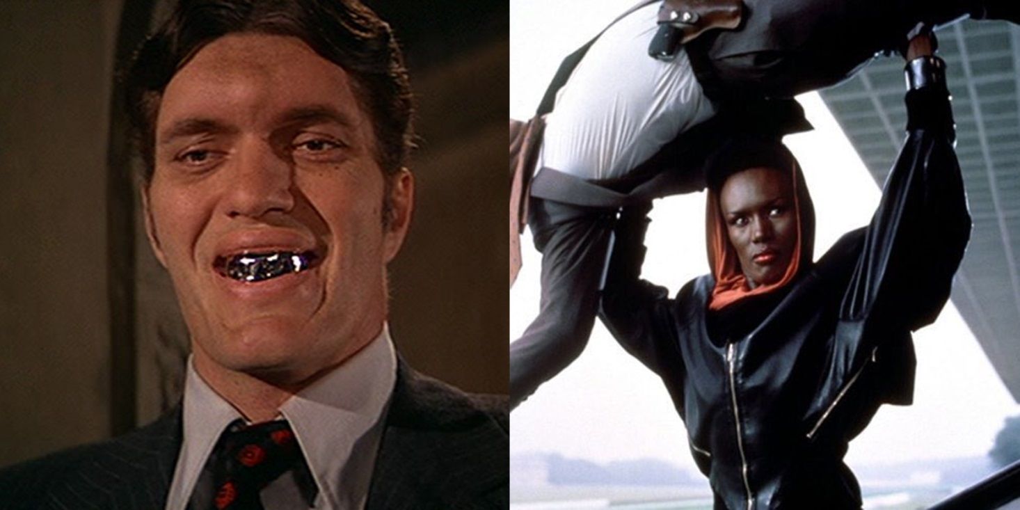 Split image of Jaws smiling in The Spy Who Loved Me and May Day carrying a man in A View to a Kill