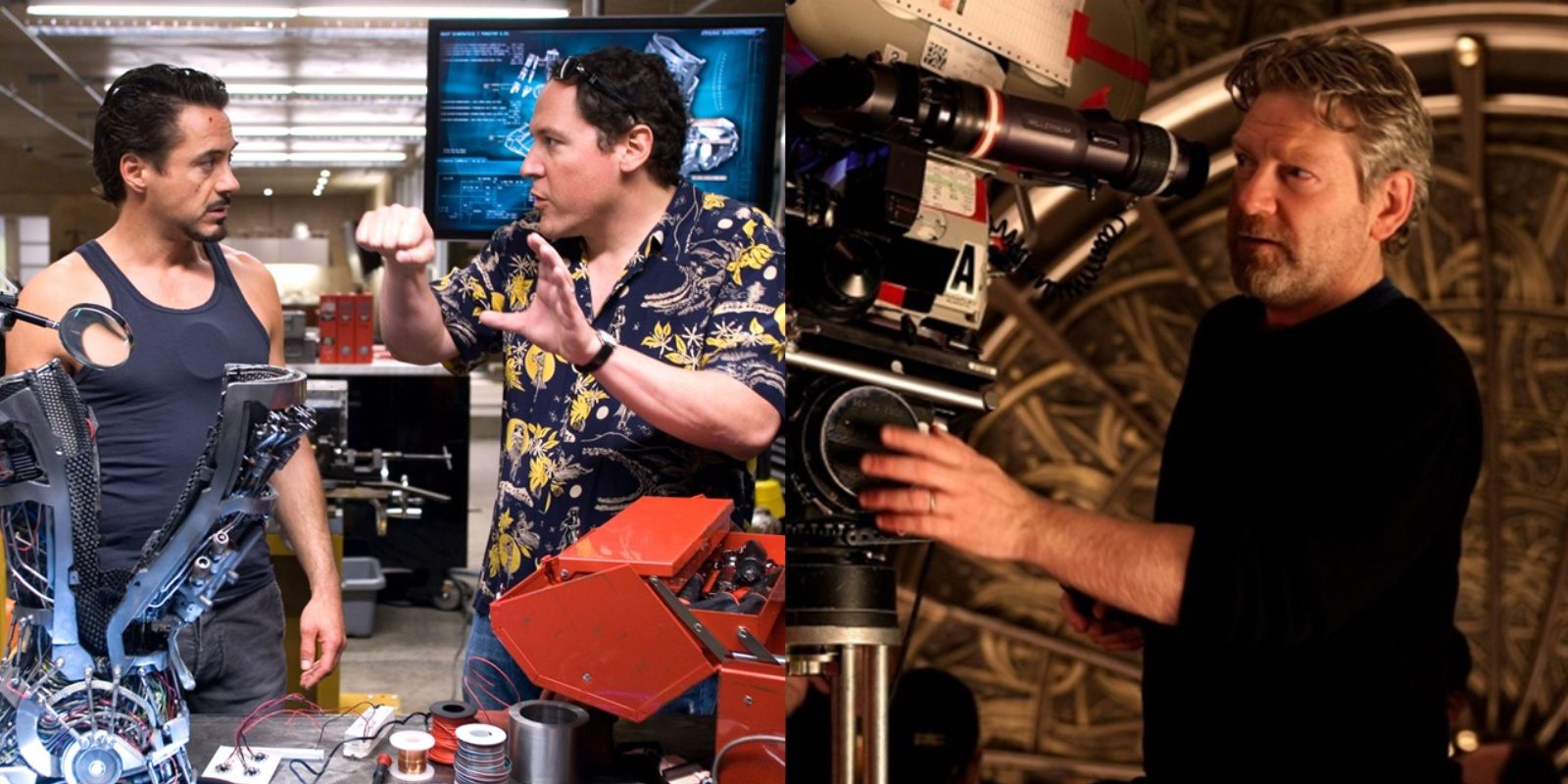 Split image of Jon Favreau and Robert Downey Jr on the set of Iron Man and Kenneth Branagh on the set of Thor