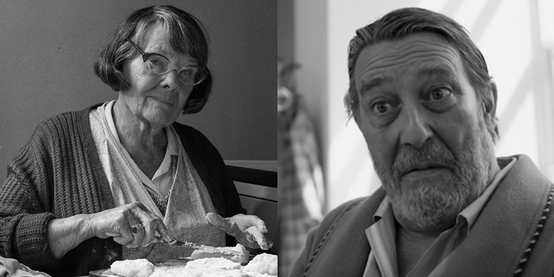 Split image of Judi Dench buttering bread and Ciaran Hinds in a hospital bed in Belfast