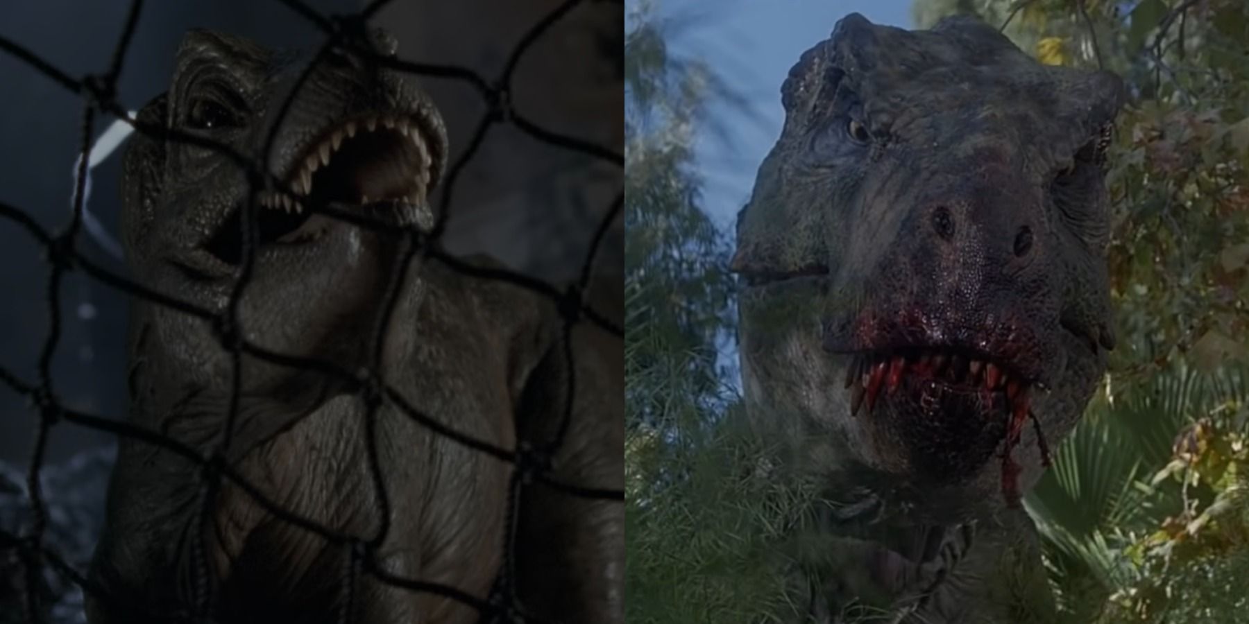 Split image of Junior the infant T-Rex behind a fence in The Lost World and the Juvenile Rex from Jurassic Park III