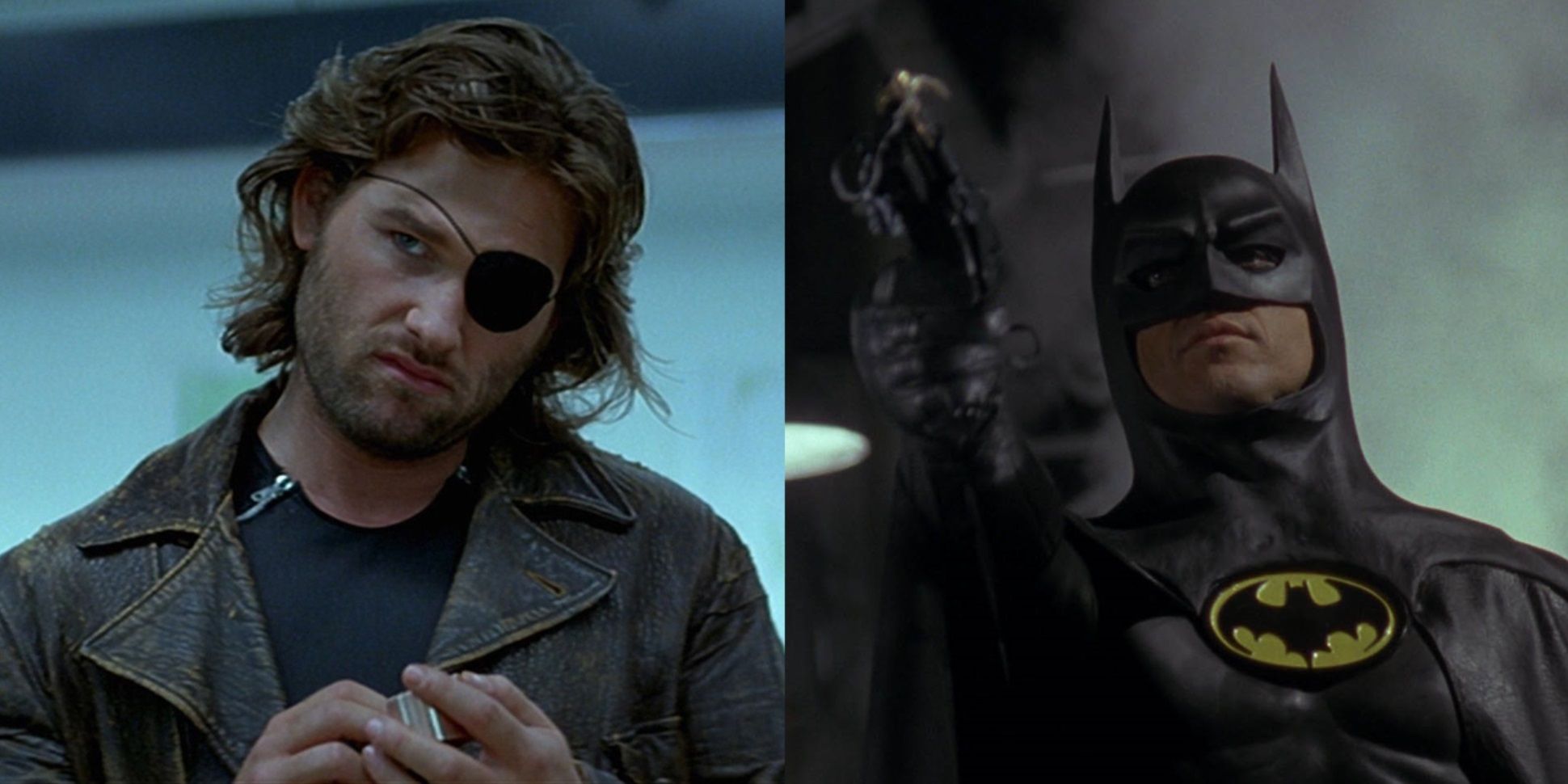 Split image of Kurt Russell in Escape from New York and Michael Keaton in Batman