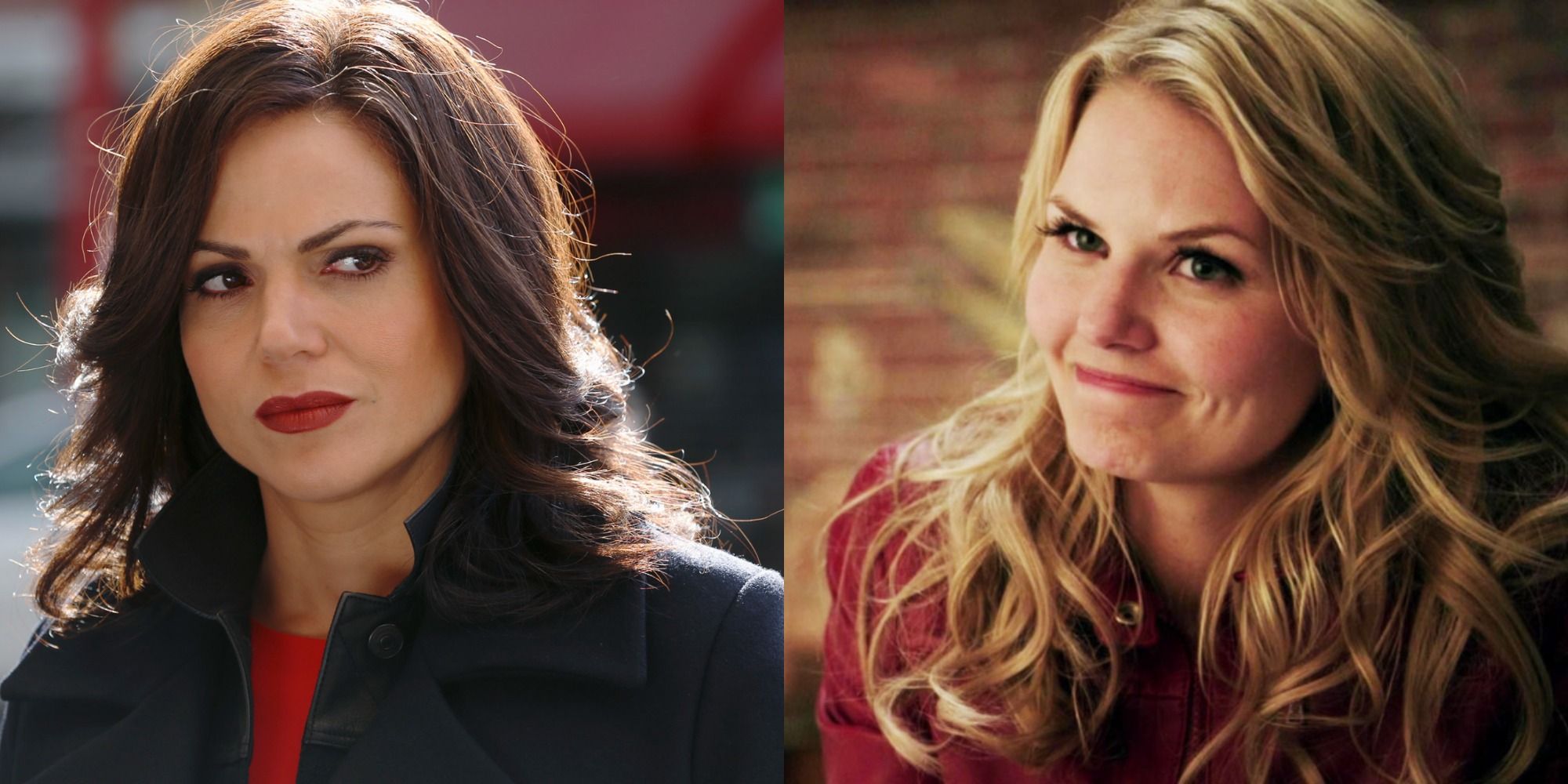 Split image of Lana Parrilla as Regina and Jennifer Morrison as Emma Swan in Once Upon A Time