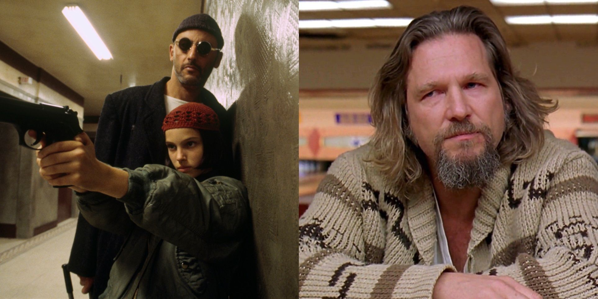 Split image of Leon and Mathilde in Leon the Professional and the Dude in The Big Lebowski