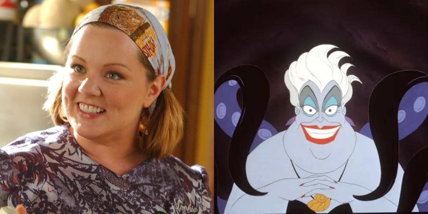 Split image of Melissa McCarthy and ursula from Little Mermaidcopy