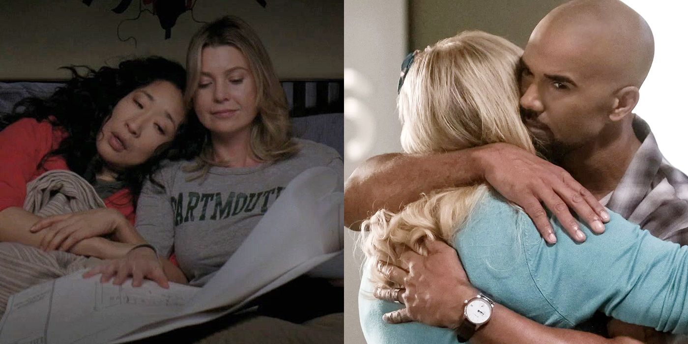 Split image of Meredith and Cristina in bed cuddling, and Derek and Penelope hugging at the bureau.