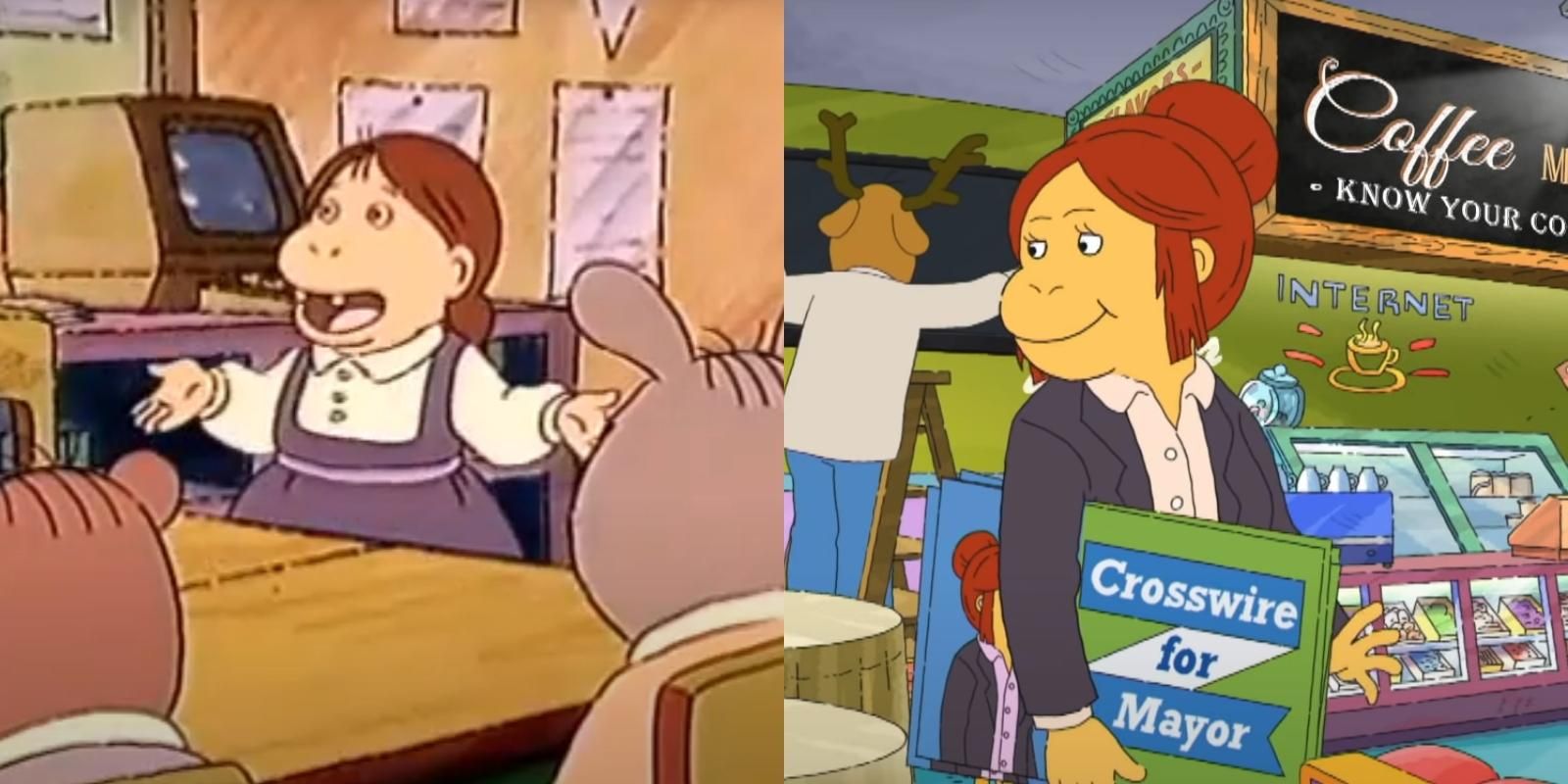 Split image of Muffy Crosswire as a 8 year old and 28 year old