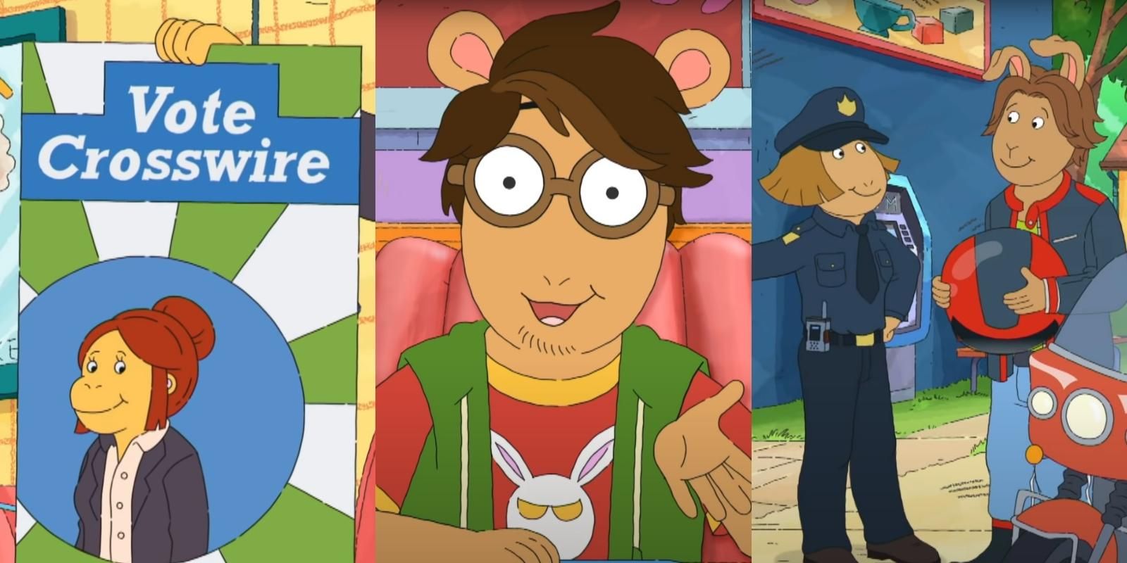 Split image of Muffy Crosswire for Mayor sign, 28 year old Arthur Read, and 24 year old DW Read and Bud Compson in PBS Arthur