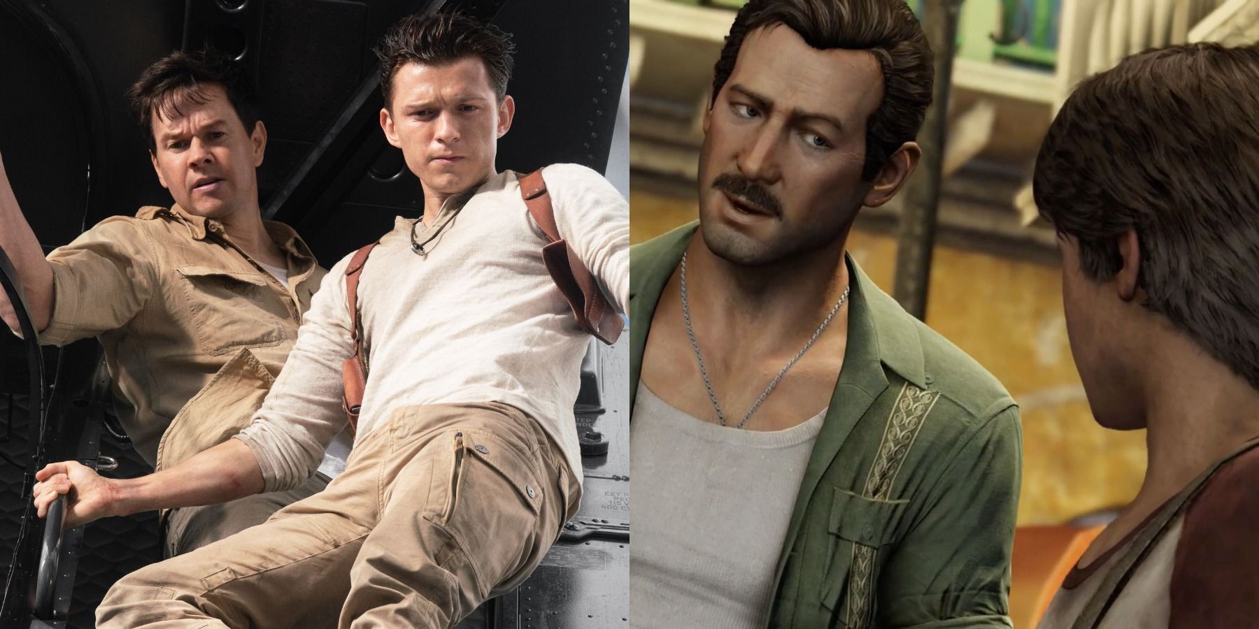 Split image of Nathan and Sully in the Uncharted movie and Nathan and Sully in Uncharted 3 Drake's Deception