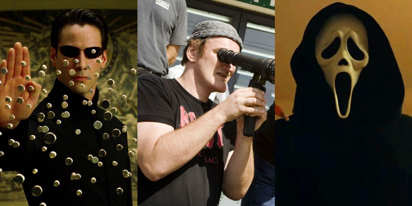 Split image of Neo in The Matrix Reloaded, Quentin Tarantino, and Ghostface in Scream