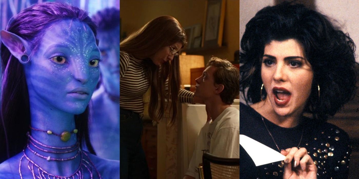 Split image of Neytiri in Avatar, Aunt May and Peter in Spider-Man Homecoming, and Marisa Tomei in My Cousin Vinny