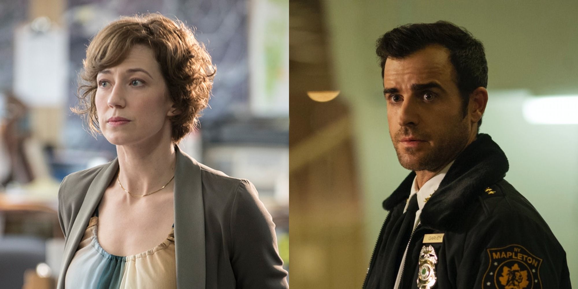 Split image of Nora Durst (Carrie Coon) and Kevin Garvey (Justin Theroux) in The Leftovers