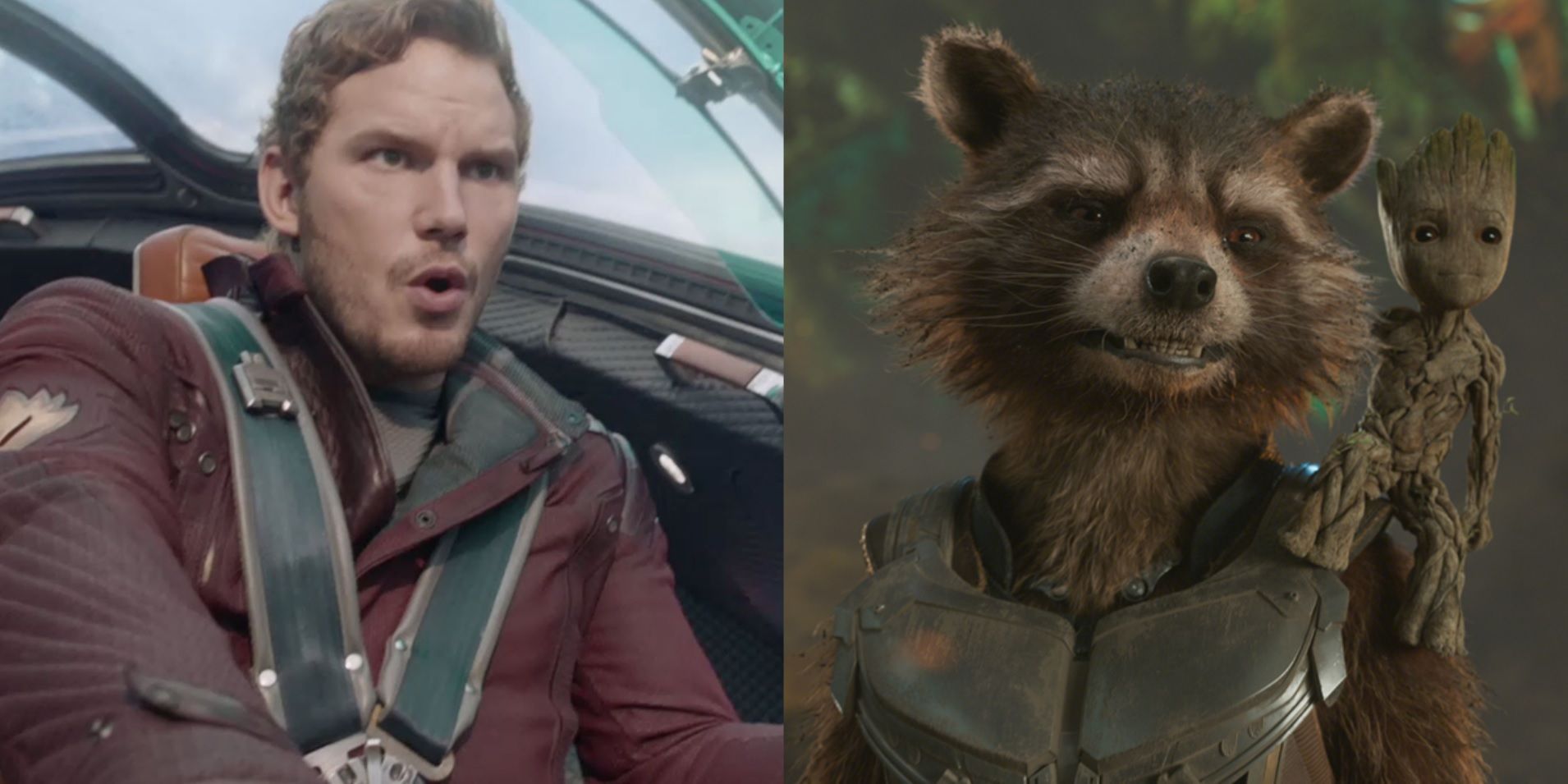 Split image of Quill, Rocket, and Groot in the Guardians of the Galaxy films