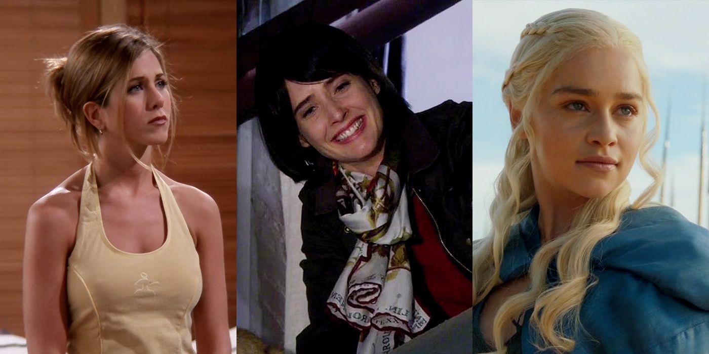 Split image of Rachel Greene from Friends, Robin Scherbatsky from How I Met Your Mother, and Daenerys Targaryen from Game of Thrones.