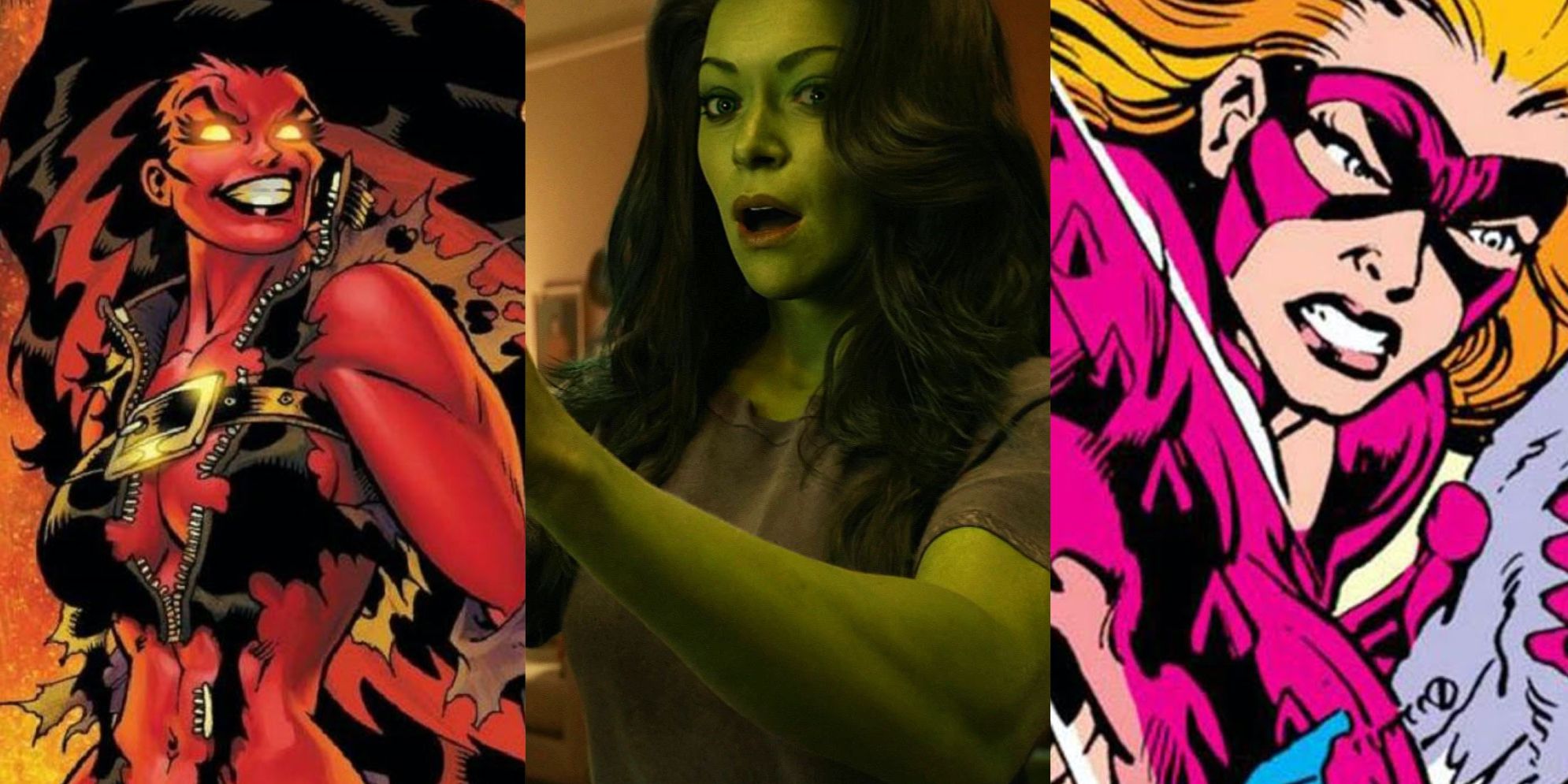 Split image of Red She Hulk from Marvel Comics, She-Hulk from MCU, and Titania from Marvel Comics.