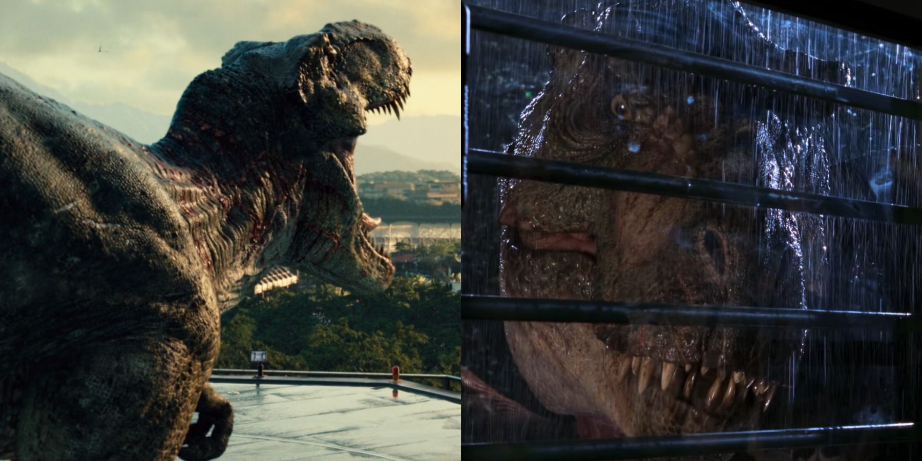 Split image of Rexy the T-Rex reclaiming Isla Nublar and the Buck looking into the trailer in The Lost World