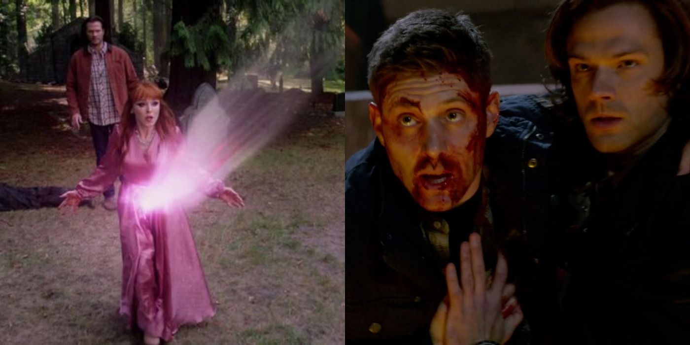 Split image of Rowena, Sam, and Dean in Supernatural