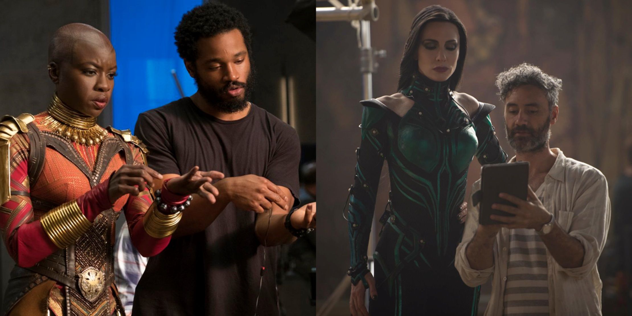 Split image of Ryan Coogler and Danai Gurira on the set of Black Panther and Taika Waititi and Cate Blanchett on the set of Thor Ragnarok