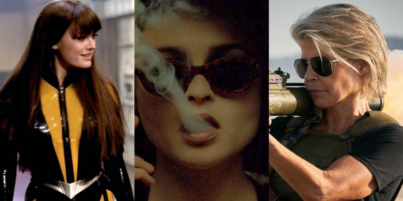 Split image of Silk Spectre in Watchmen, Marla in Fight Club, and Sarah in Terminator Dark Fate