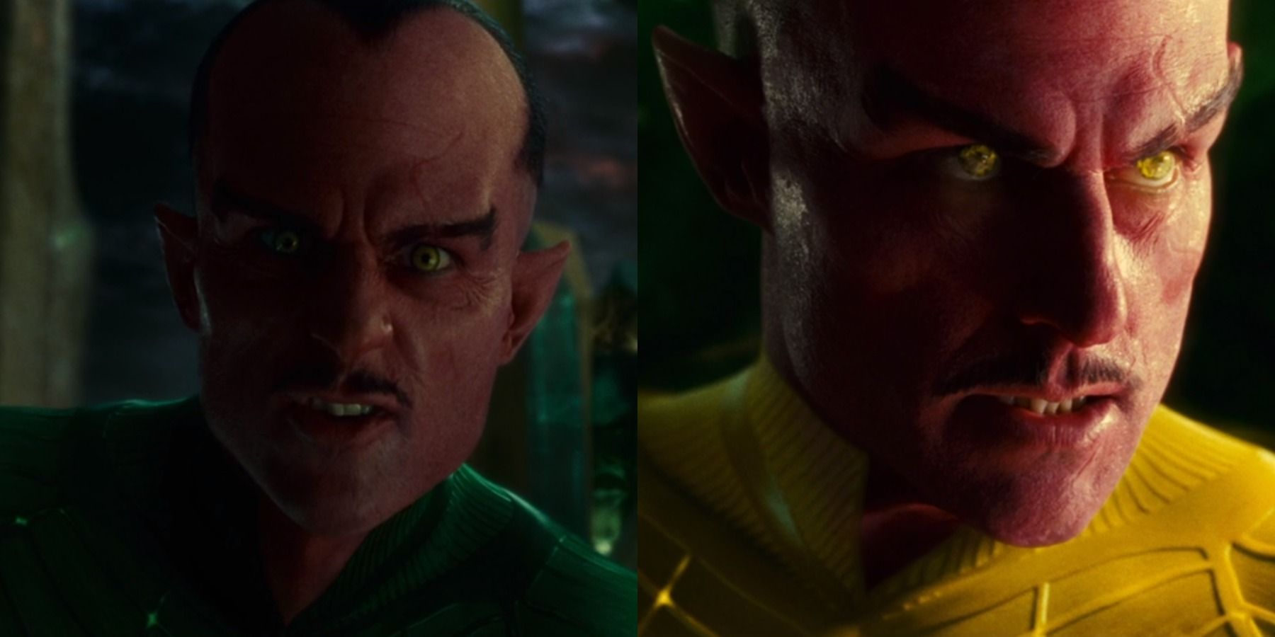 Split image of Sinestro as a Green Lantern and a Yellow Lantern in Green Lantern 2011