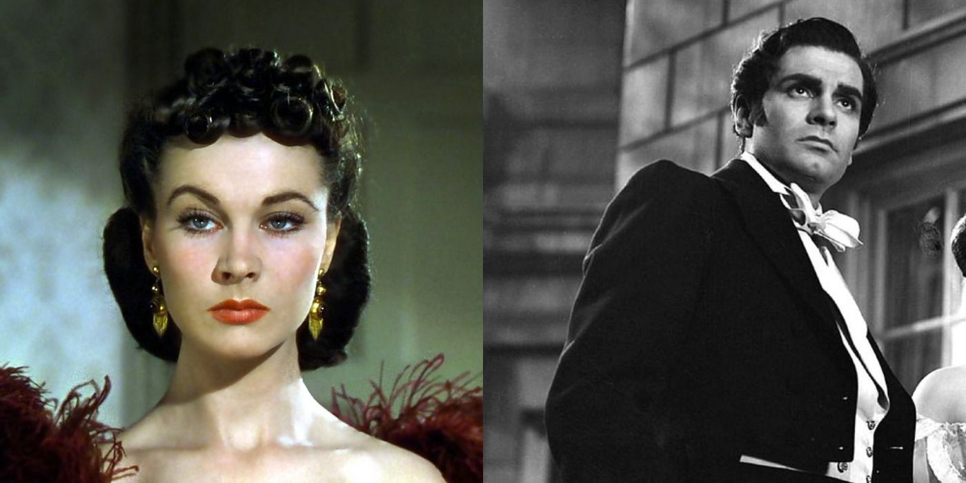 Split image of Vivien Leigh from Gone With The Wind and Laurence Oliver from Wuthering Heights.