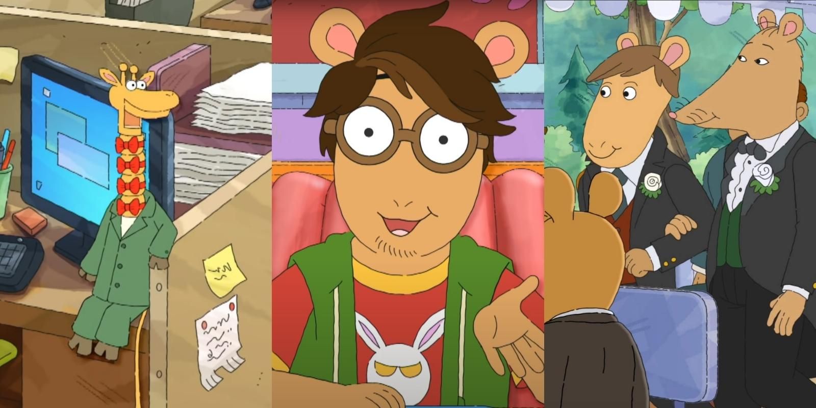 Split image of Wally the giraffe, 28 year old Arthur Read, and Patrick and Nigel Ratburn in PBS Arthur