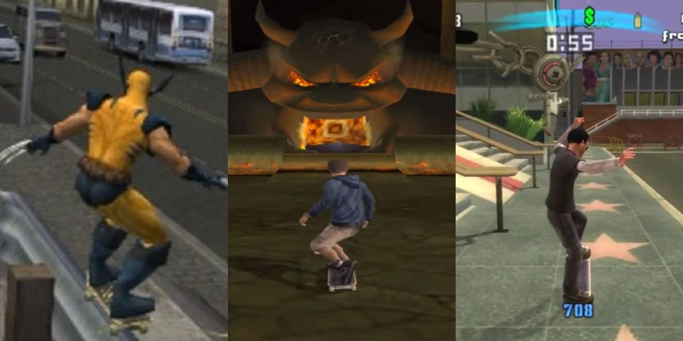 Split image of Wolverine in Pro Skater 2, Tony in Underground 2, and Tony in American Wasteland