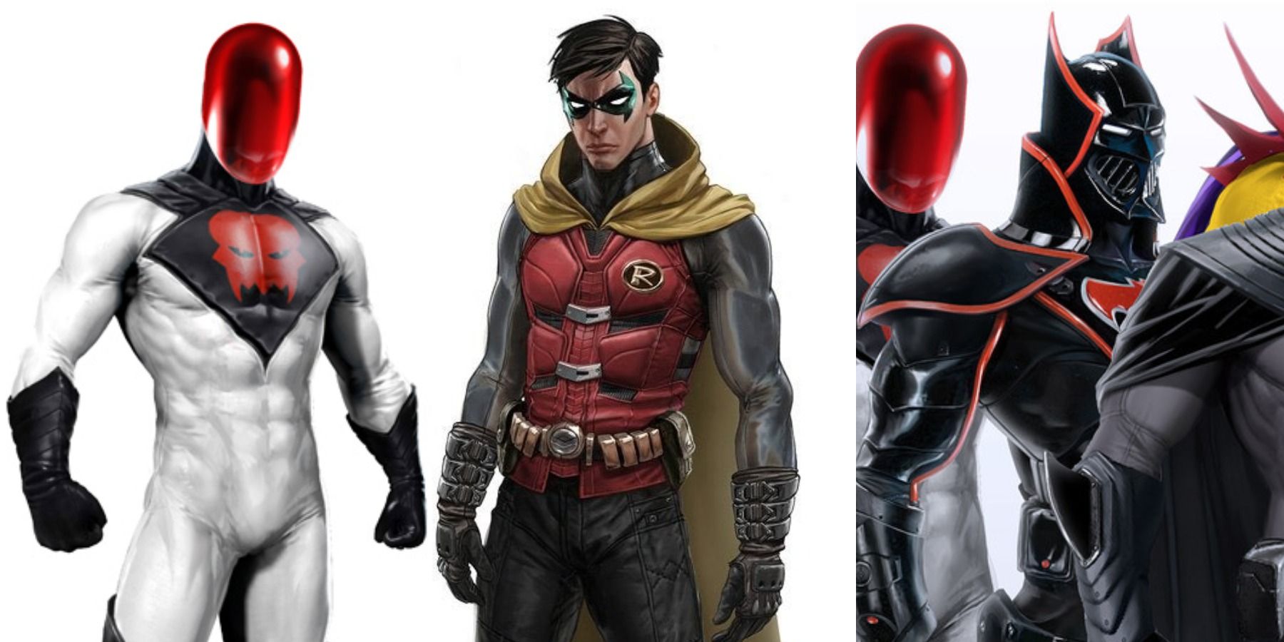 Split image of concept art for Grant Morrison Red Hood skin, Damian Wayne Robin, and Alex Ross Batman skins in Batman Arkham Knight