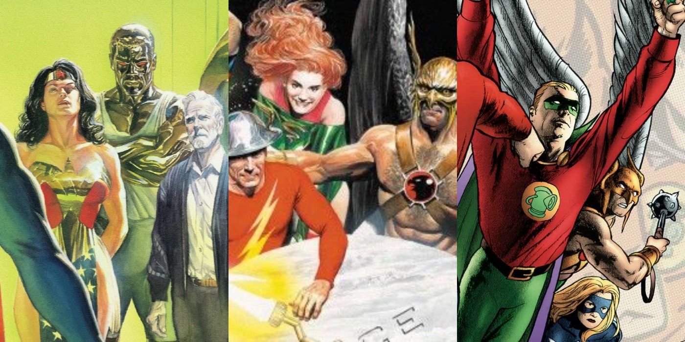 Split image of the Justice League and Justice Society in DC Comics feature