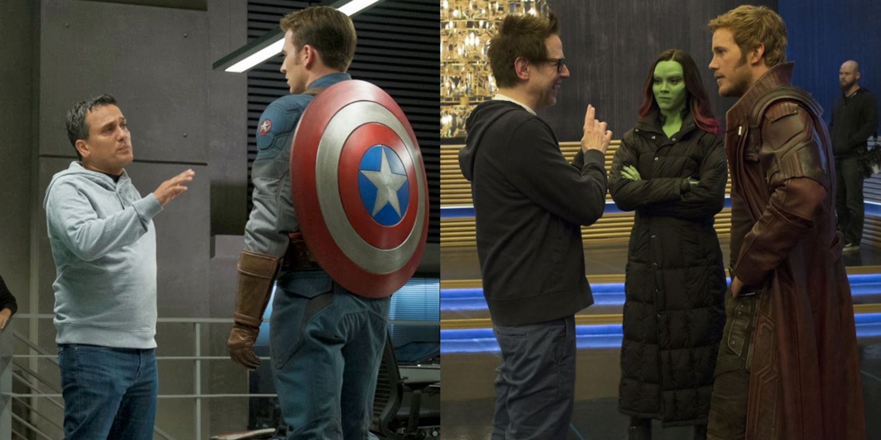 Split image of the Russos directing Chris Evans as Captain America and James Gunn directing Chris Pratt and Zoe Saldana as Quill and Gamora