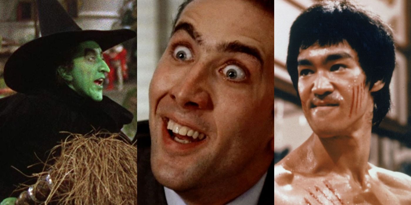 Split image of the Wicked Witch in The Wizard of Oz, Nicolas Cage in Vampire's Kiss, and Bruce Lee in Enter the Dragon