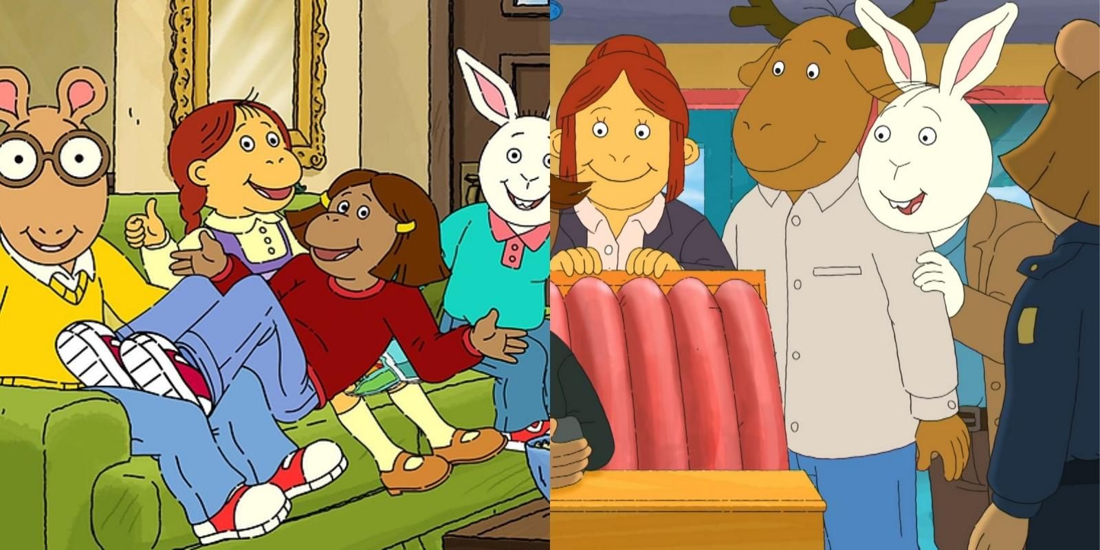 Split image of the cast of PBS Arthur as children and young adults